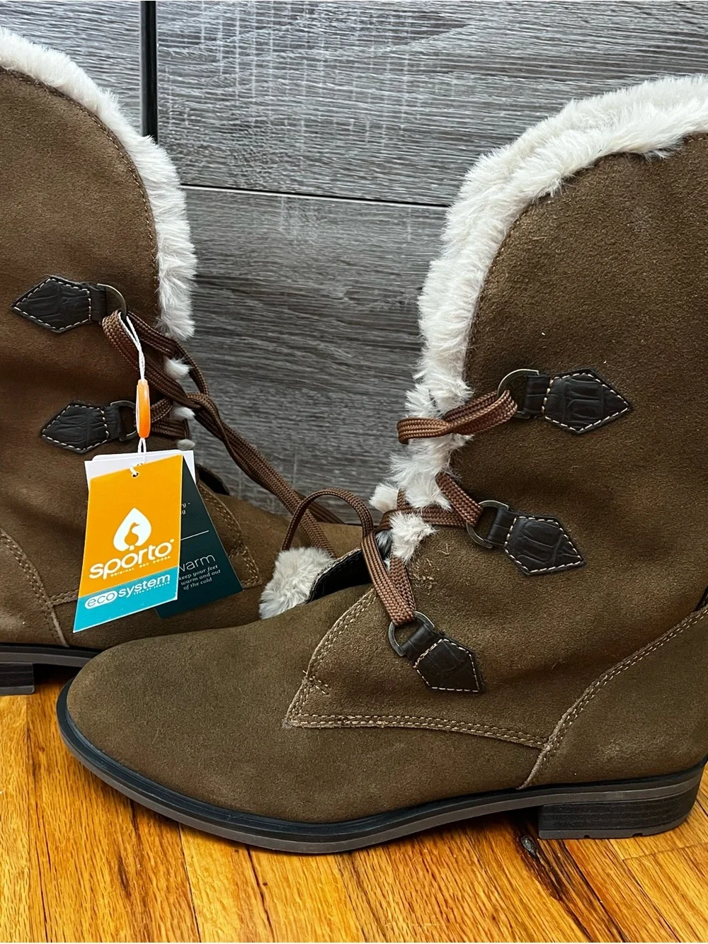 Sporto Brown Suede Faux-Fur Trim Lace-Up Ankle Boots style Pixie